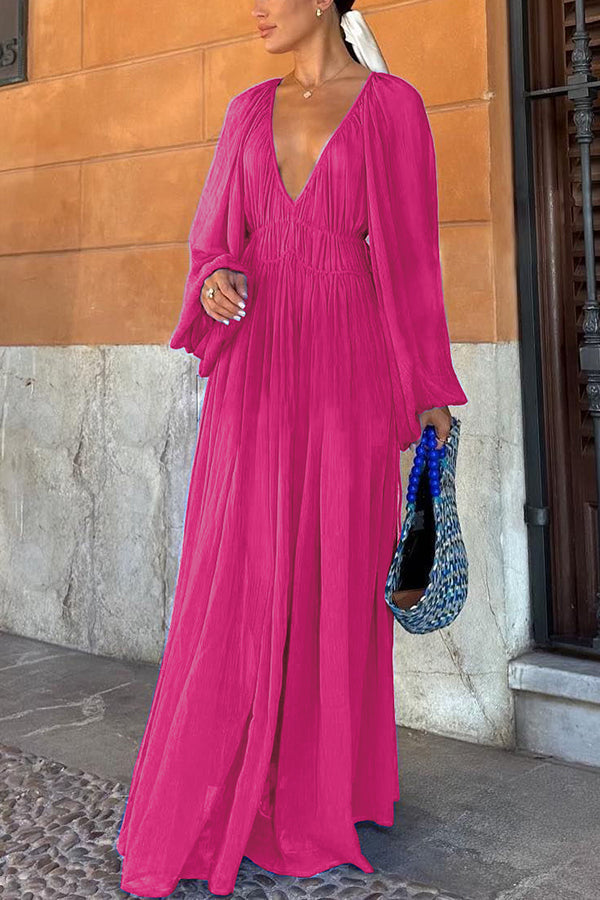 Long Blue Puff Sleeve Dress with Ruched Waist