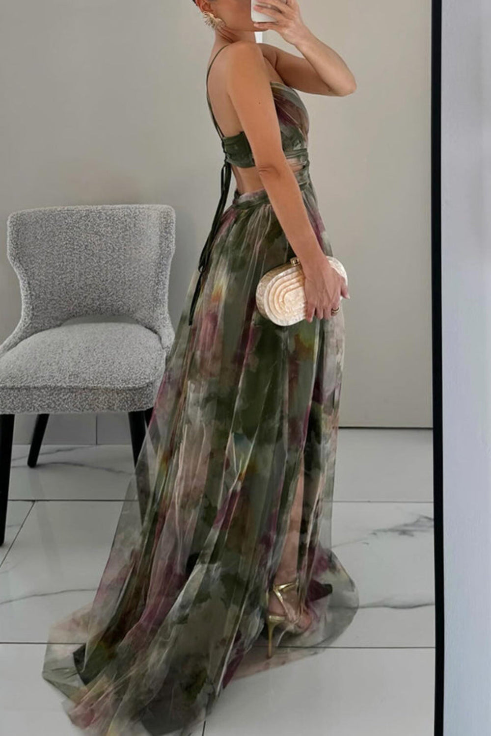 Elegant Long Print Dress with Adjustable Tie Detail