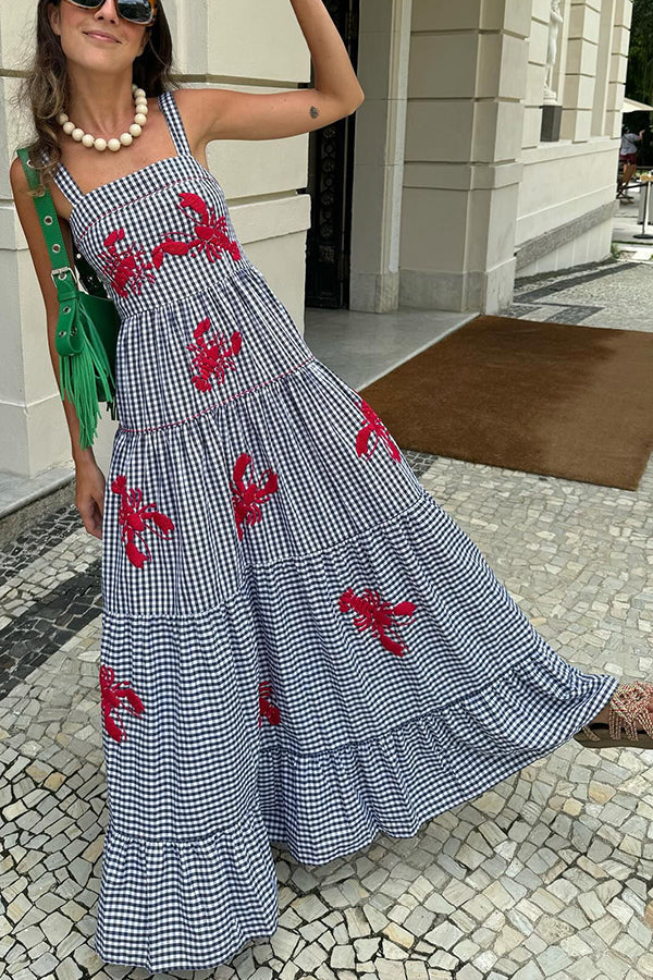 Gingham Print Embroidered Maxi Dress