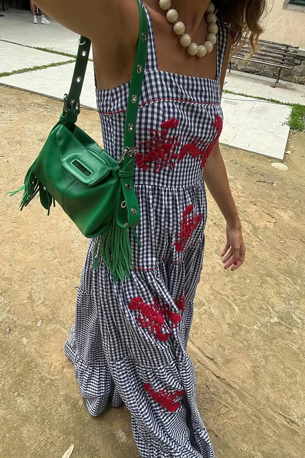 Gingham Print Embroidered Maxi Dress