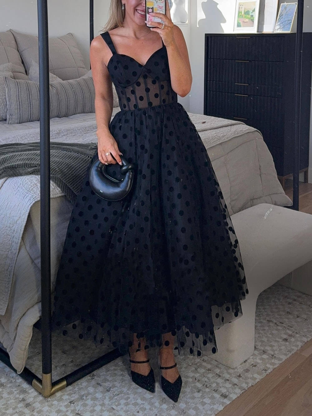 Polka Dot Tulle Sweetheart Midi Dress