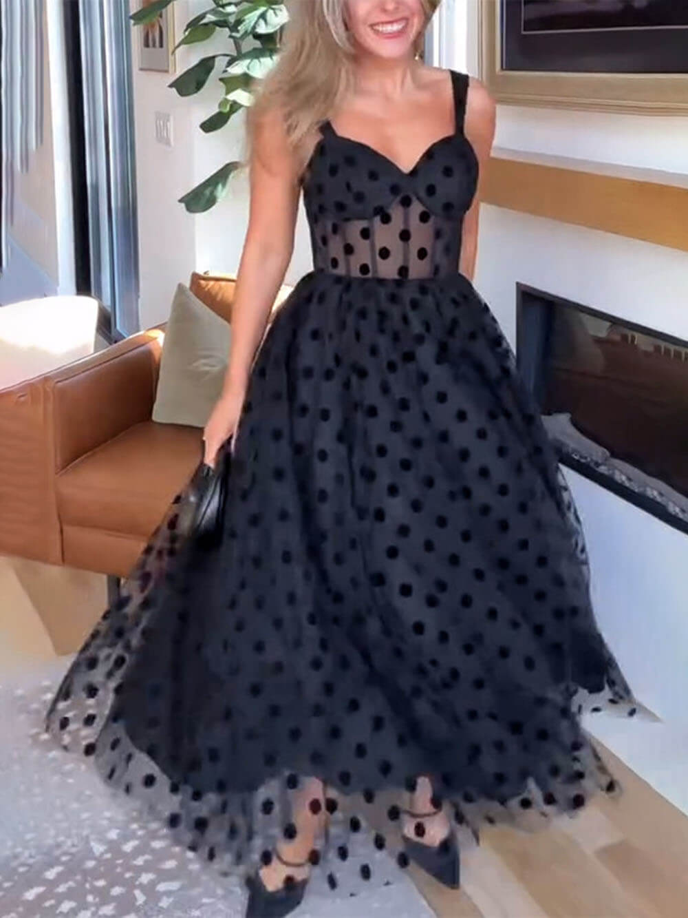Polka Dot Tulle Sweetheart Midi Dress