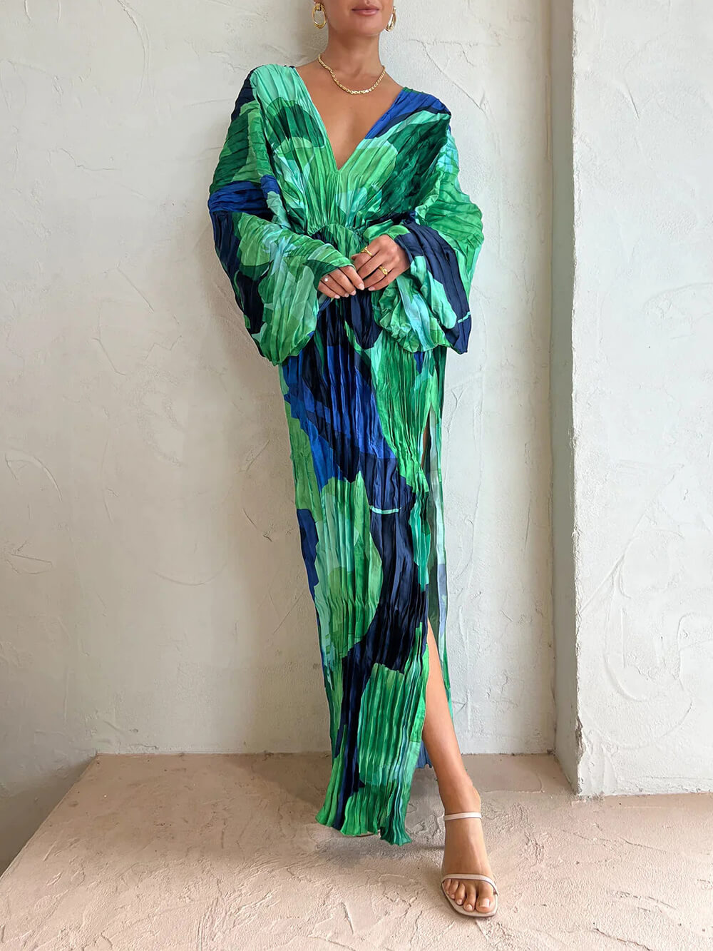 Pleated Tropical-Print Kimono-Sleeve Maxi Dress