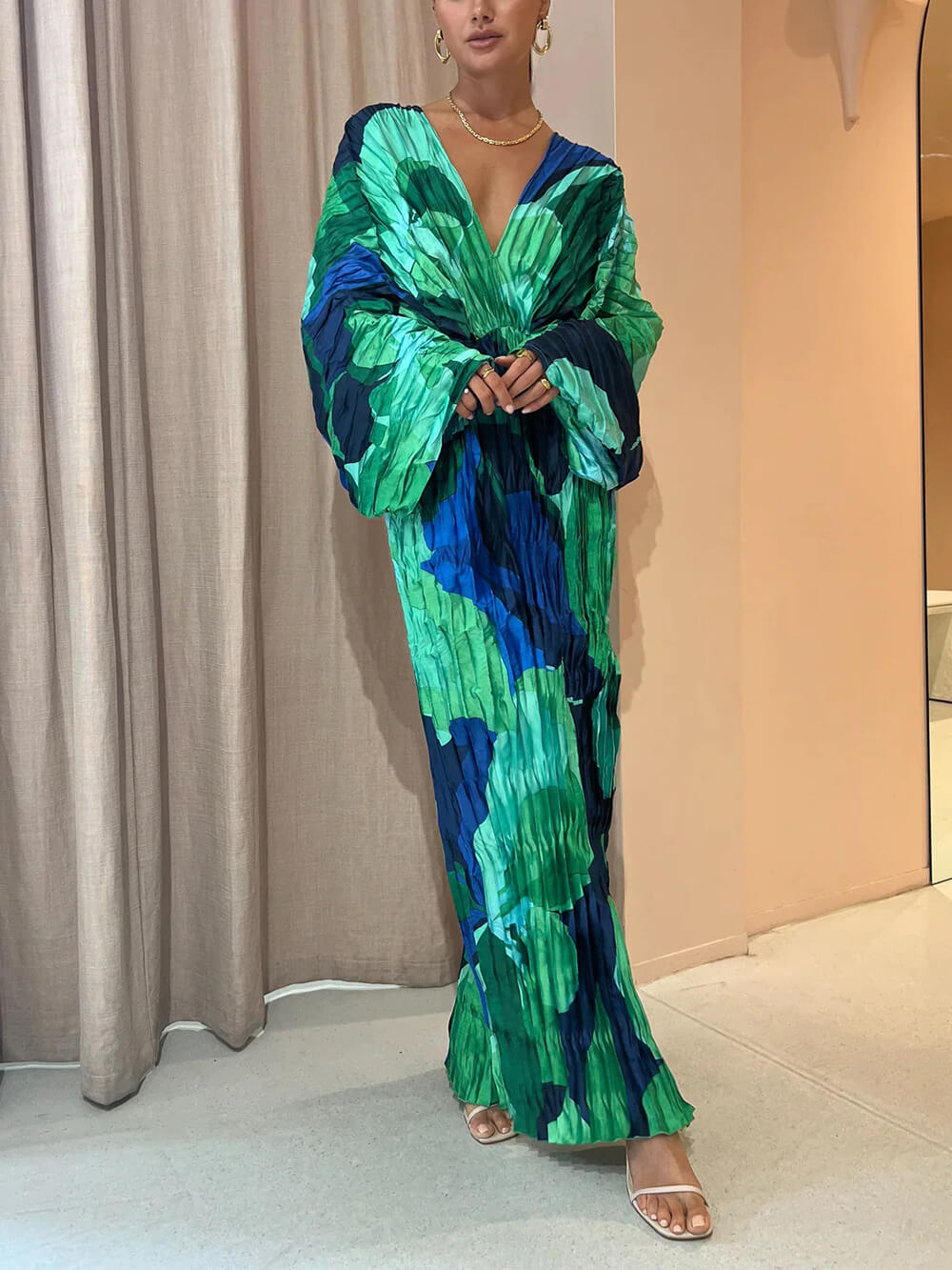 Pleated Tropical-Print Kimono-Sleeve Maxi Dress