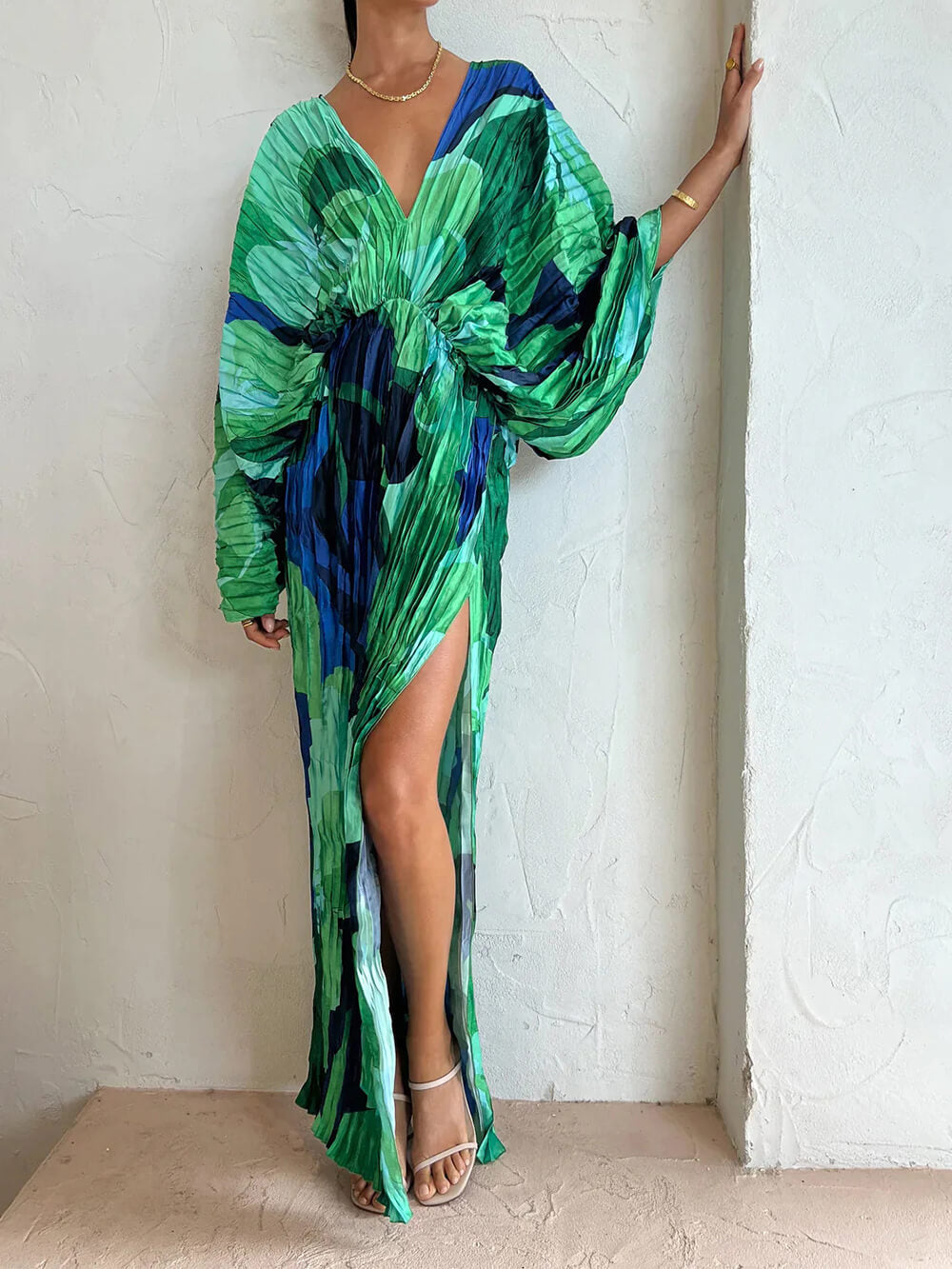 Pleated Tropical-Print Kimono-Sleeve Maxi Dress