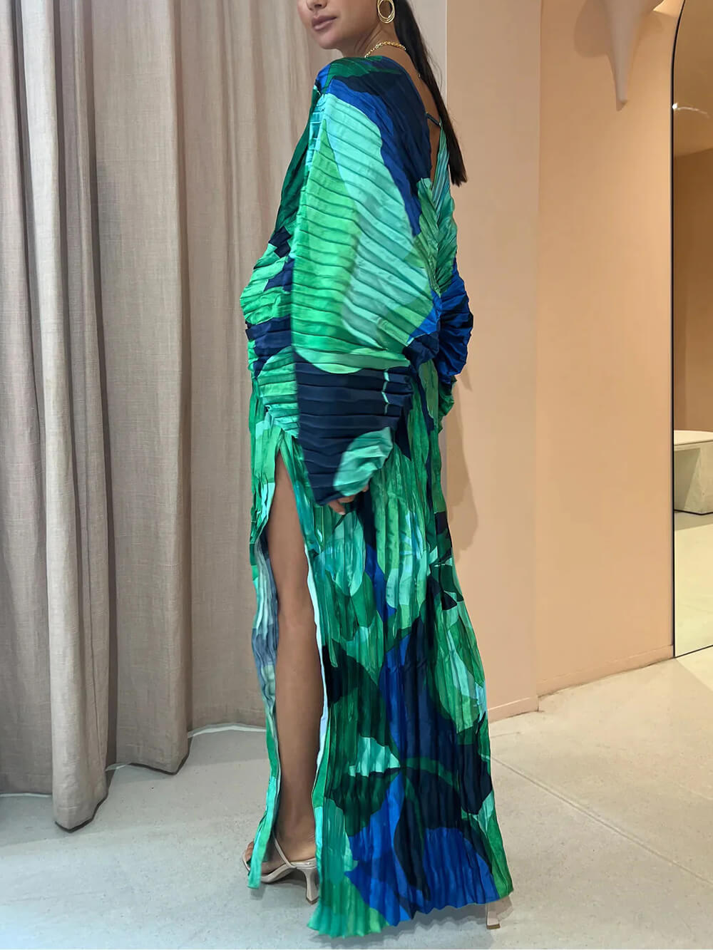 Pleated Tropical-Print Kimono-Sleeve Maxi Dress