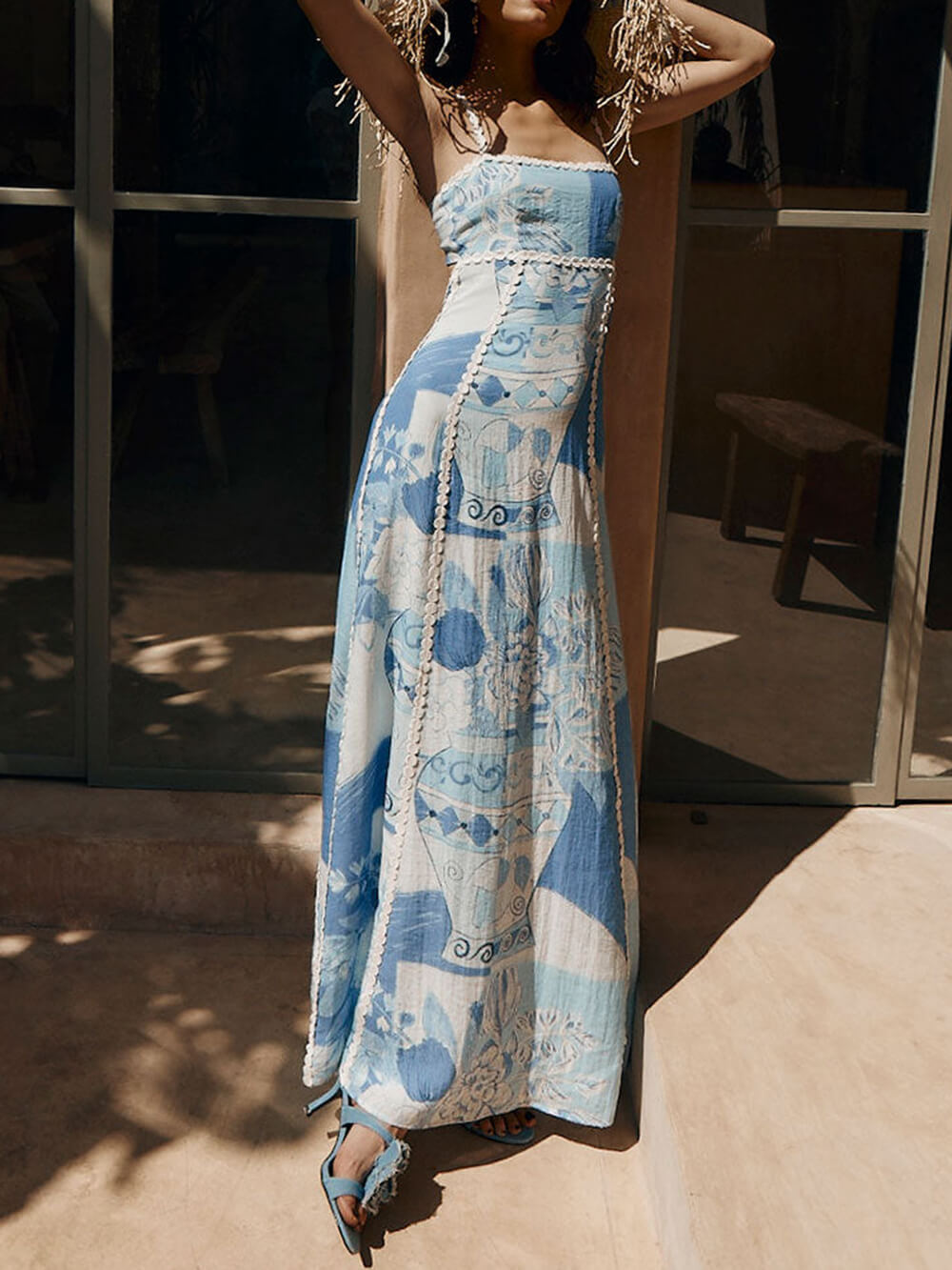 Maxikleider Halter Strap Lace Patchwork Print Back Tie Beige Dress