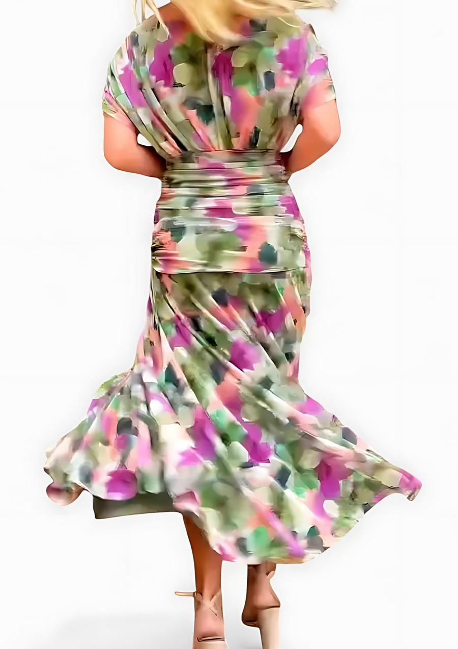 Aure Fantasy Floral Print V-Neck Maxi Dress in Green