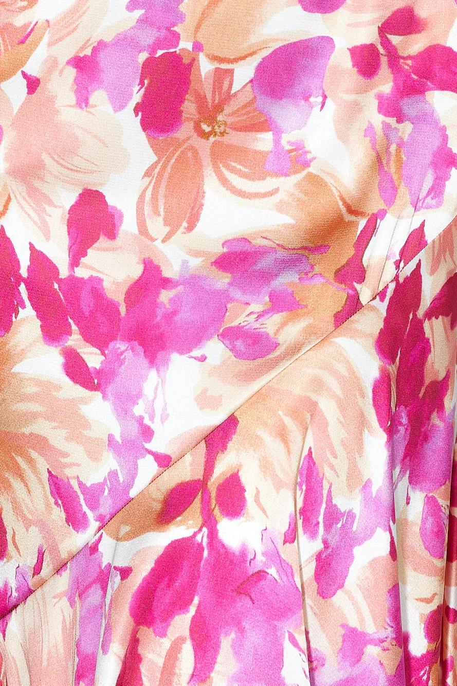 Asymmetric Floral Satin Ruched Dress