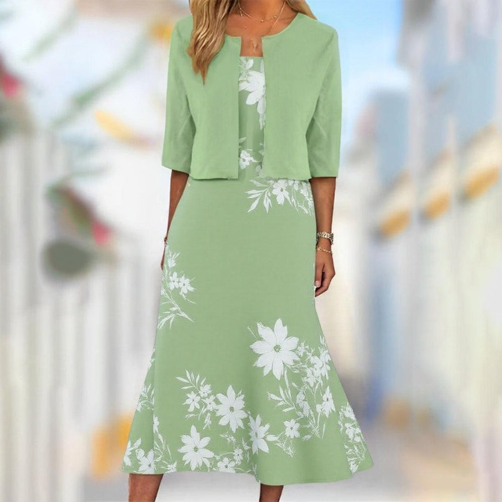 Blue Botanical Print Midi Dress and Jacket Set