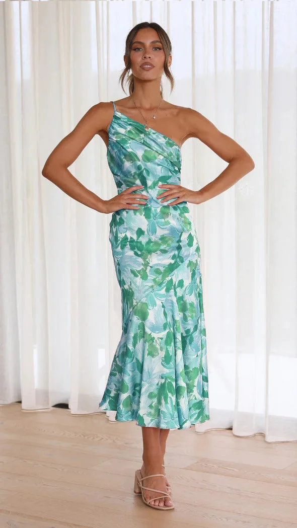 Asymmetric Floral Satin Ruched Dress