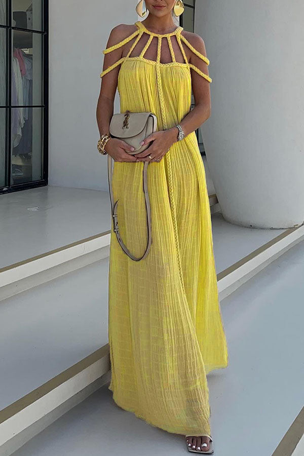 Pleated Maxi Dress with Cord-Detail Neckline