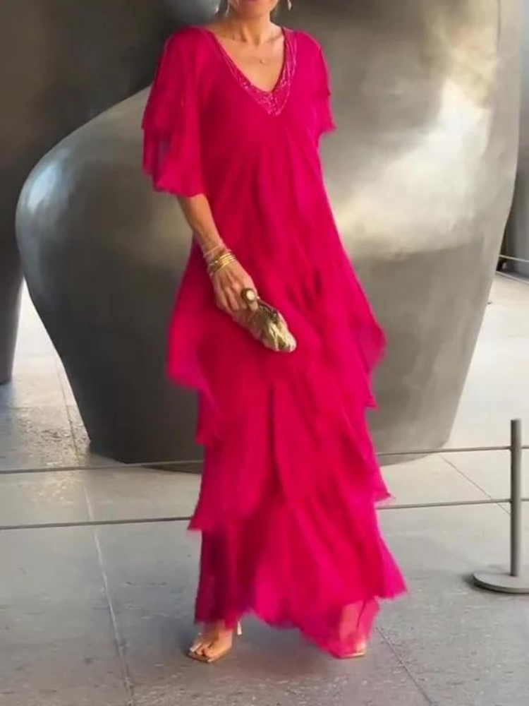 Savane Flowing Long Sleeve V-Neck Dress