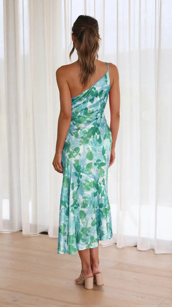 Asymmetric Floral Satin Ruched Dress