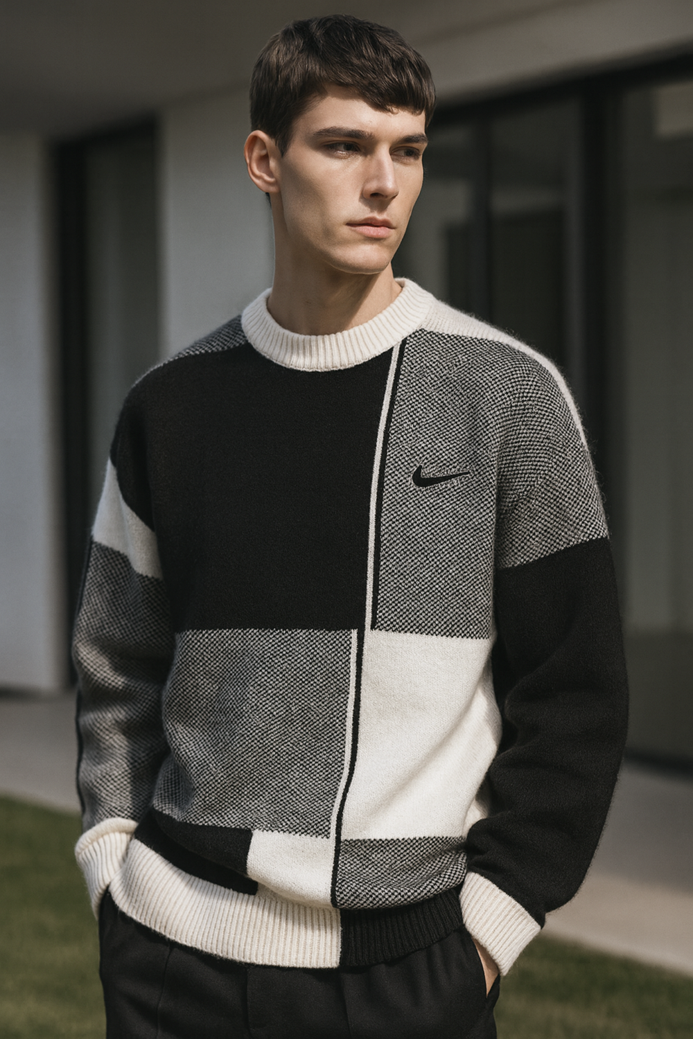 Harrison Checkered Knit Crew Neck Sweater