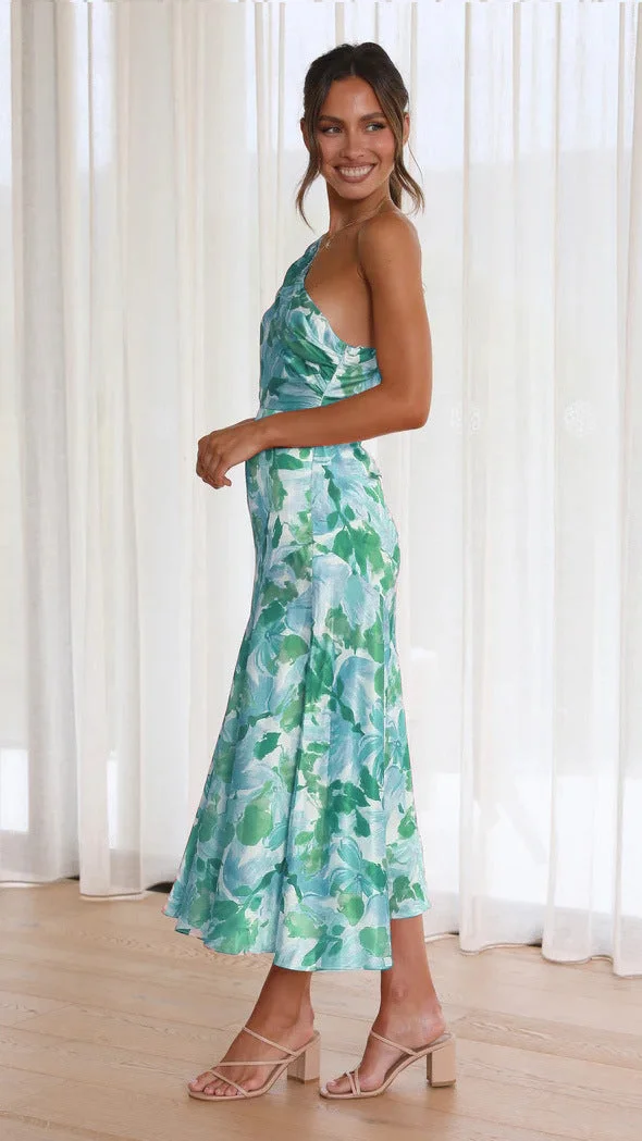 Asymmetric Floral Satin Ruched Dress