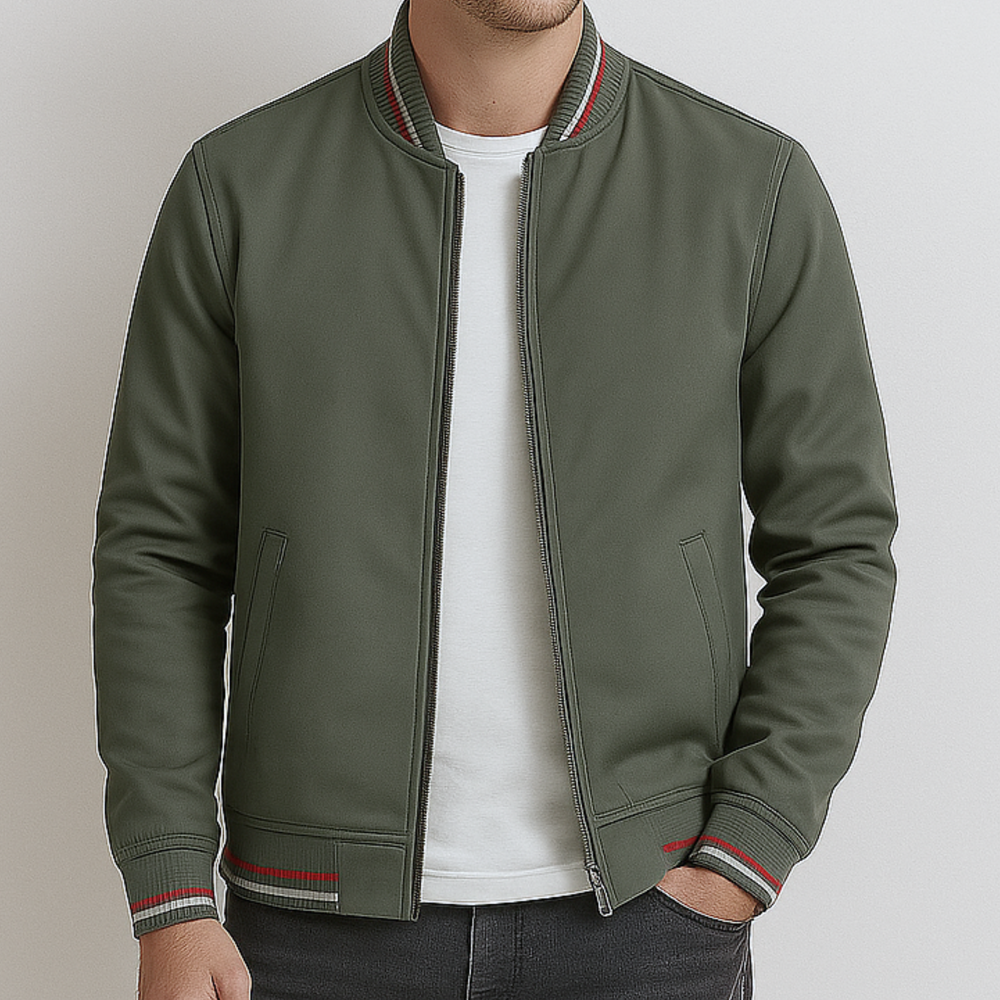 Maelisio Lightweight Striped Varsity Bomber Jacket - Olive