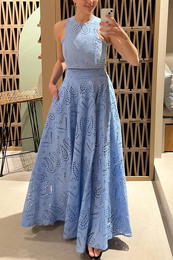 Embroidered Two-Piece Set with Long High-Waist Pocket Skirt