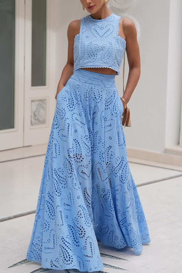 Embroidered Two-Piece Set with Long High-Waist Pocket Skirt