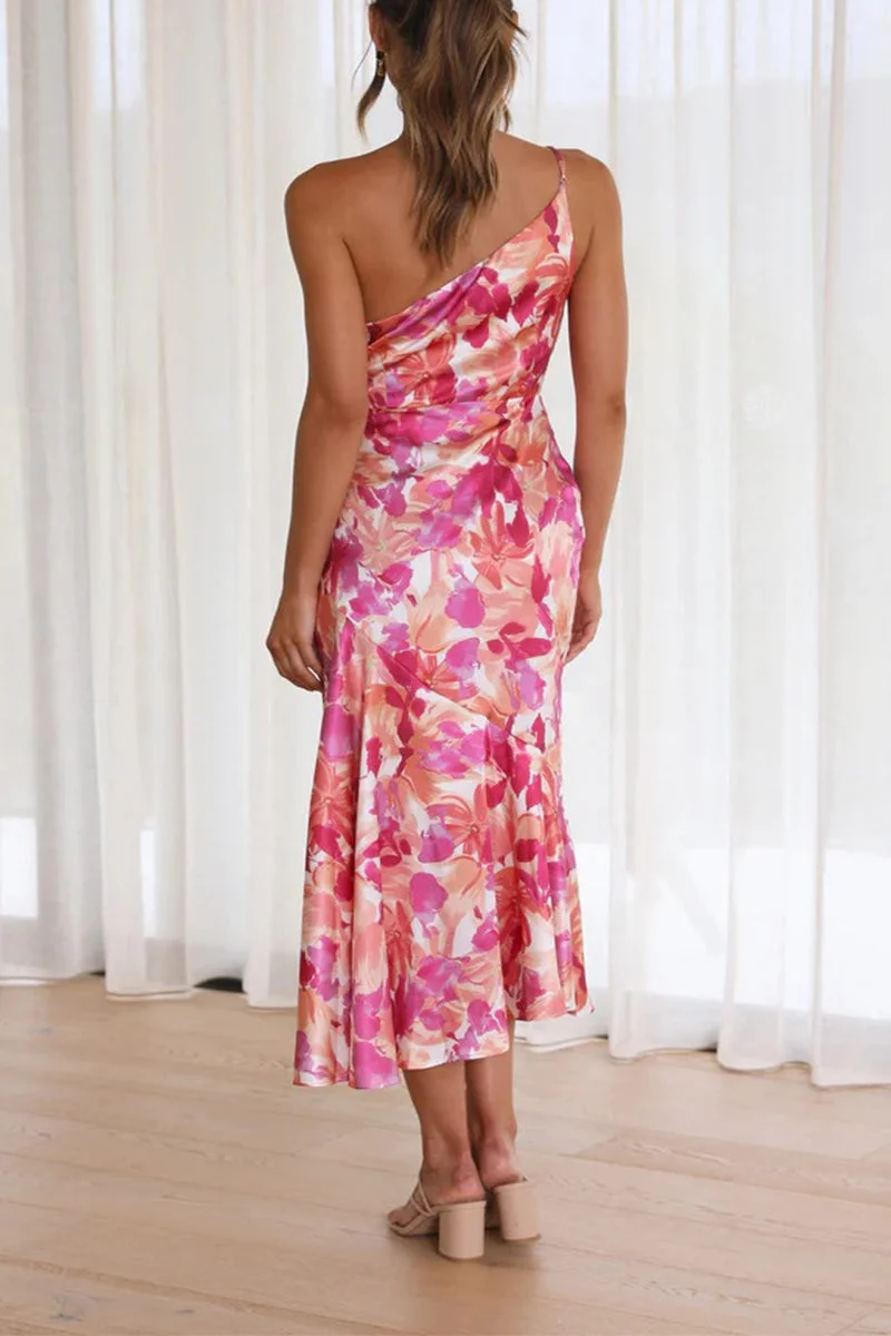 Asymmetric Floral Satin Ruched Dress