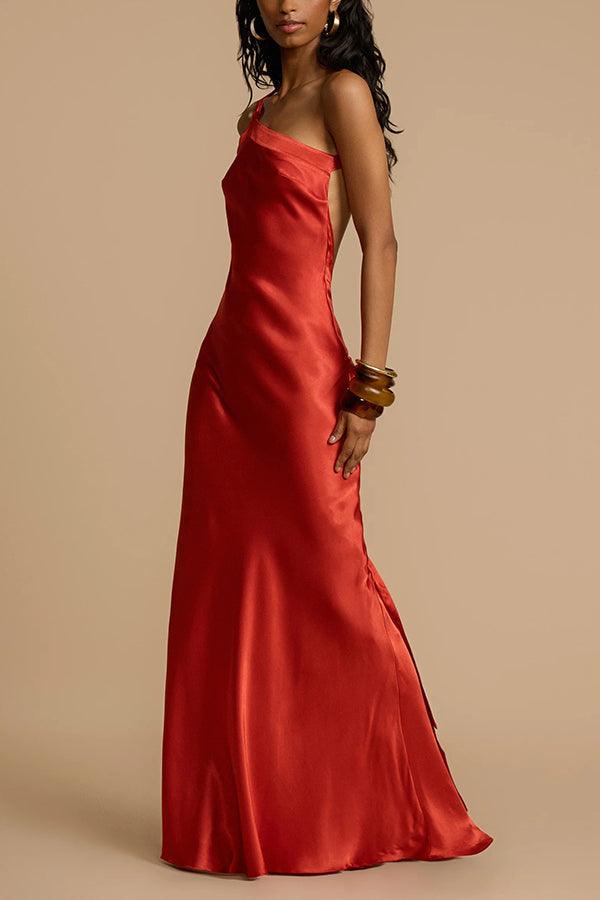 Asymmetric One-Shoulder Satin Gown with Open Back
