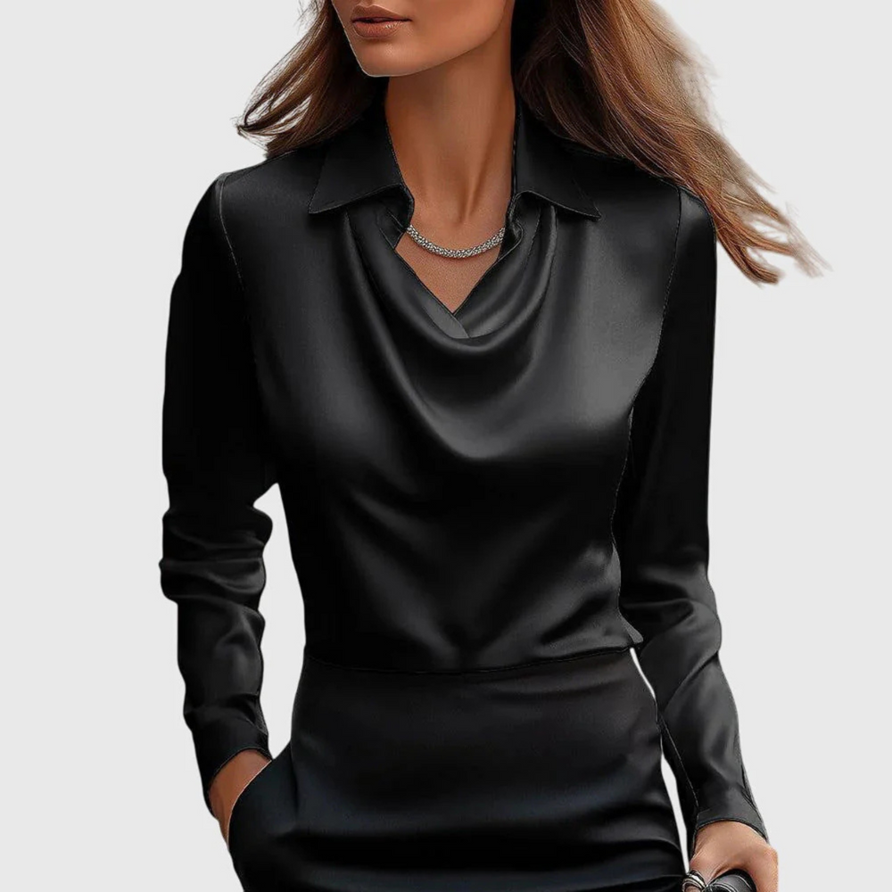 Lynn Draped Satin Blouse in Black