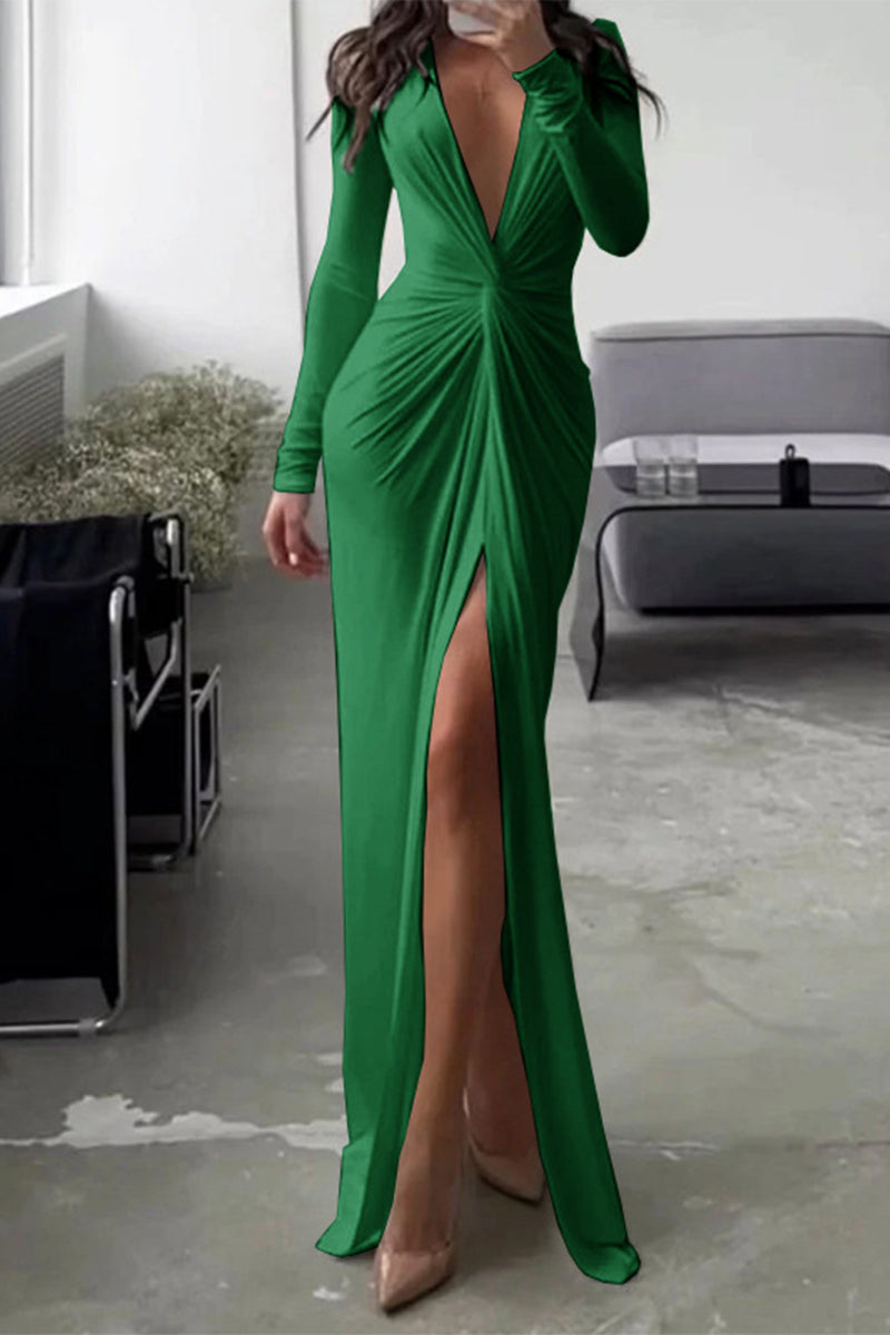 Kalani Beautiful Pleated V-Neck Dress Long Sleeves Collection