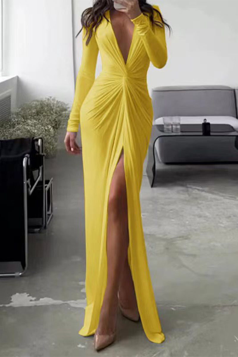 Kalani Beautiful Pleated V-Neck Dress Long Sleeves Collection