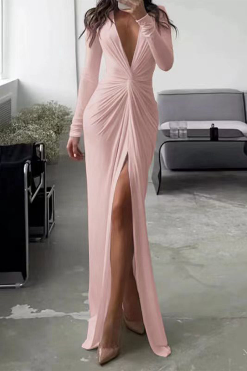 Kalani Beautiful Pleated V-Neck Dress Long Sleeves Collection