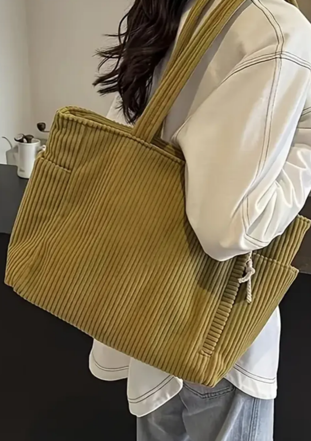 Elaria Ribbed Drawstring Tote Bag in Mustard