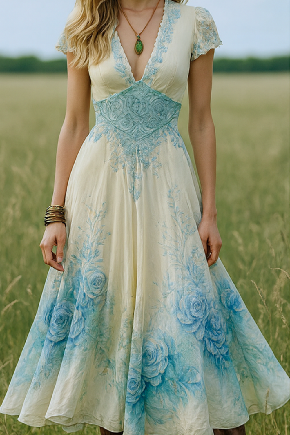 Celeste Flowing Floral Dress with Fine Embroidery