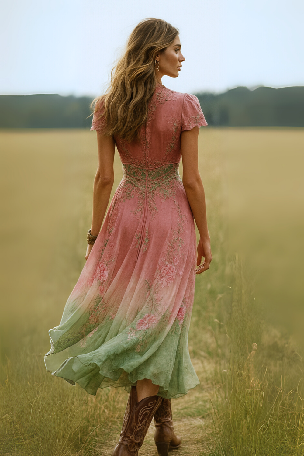 Celeste Flowing Floral Dress with Fine Embroidery