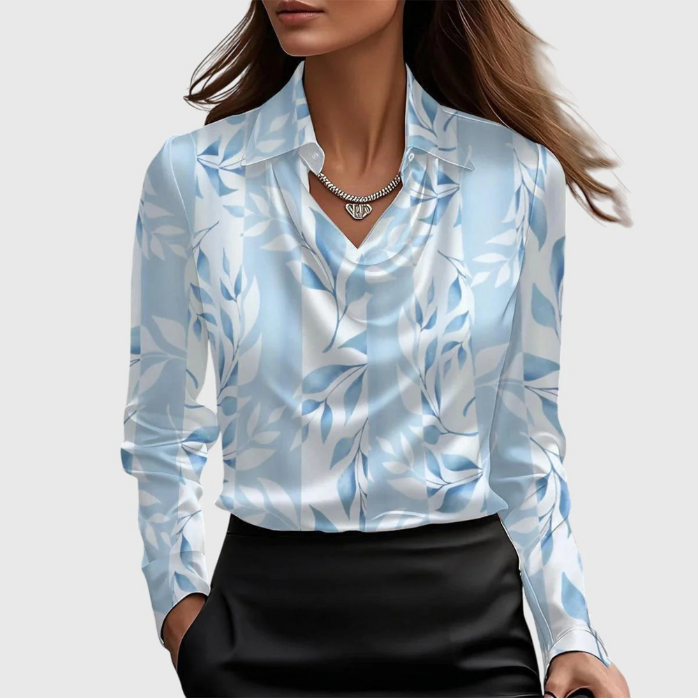 Lynn Draped Leaf-Print Blouse in Light Blue