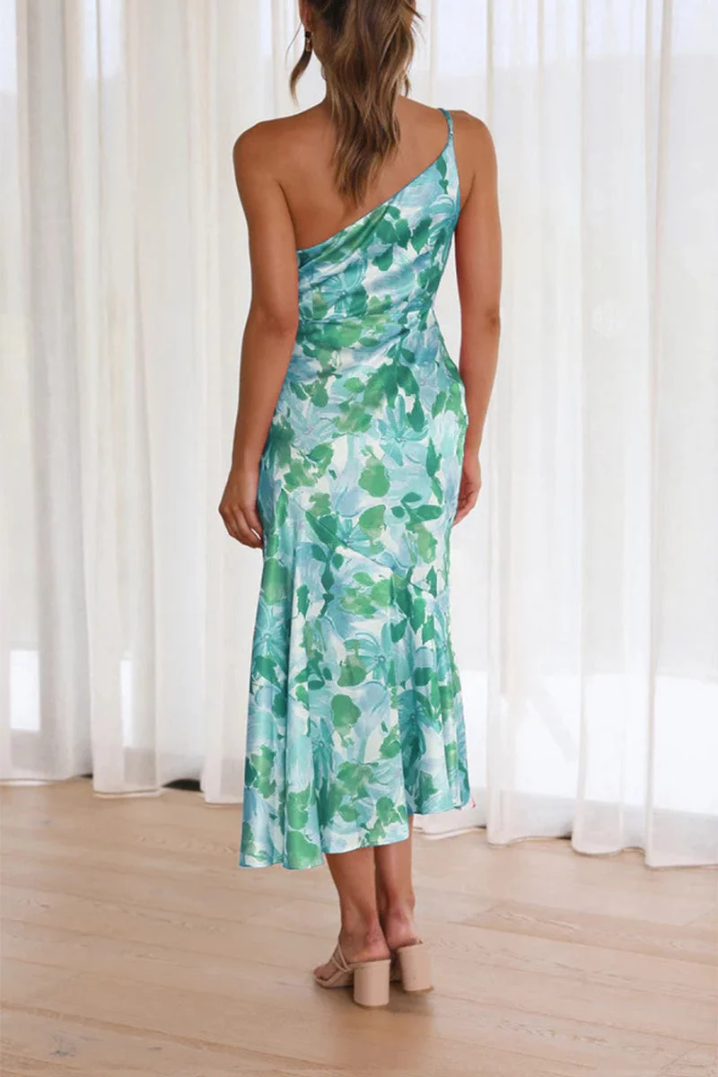 Asymmetric Floral Satin Ruched Dress