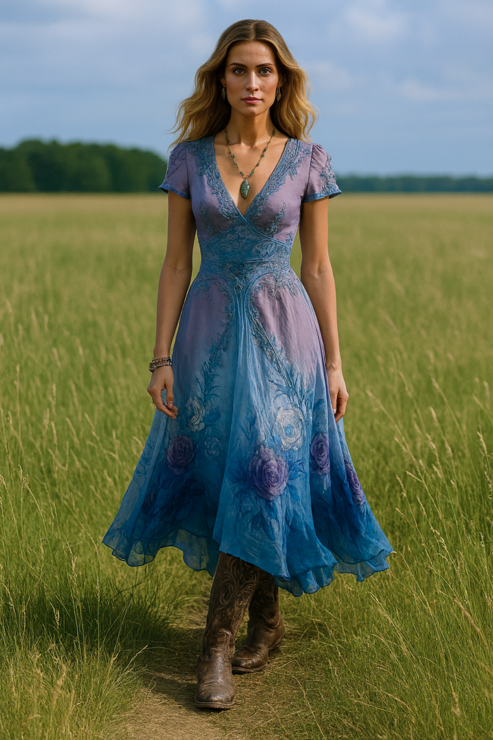 Celeste Flowing Floral Dress with Fine Embroidery