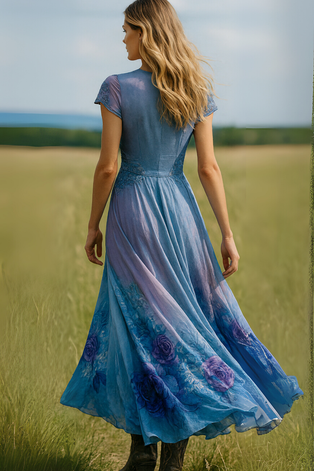 Celeste Flowing Floral Dress with Fine Embroidery