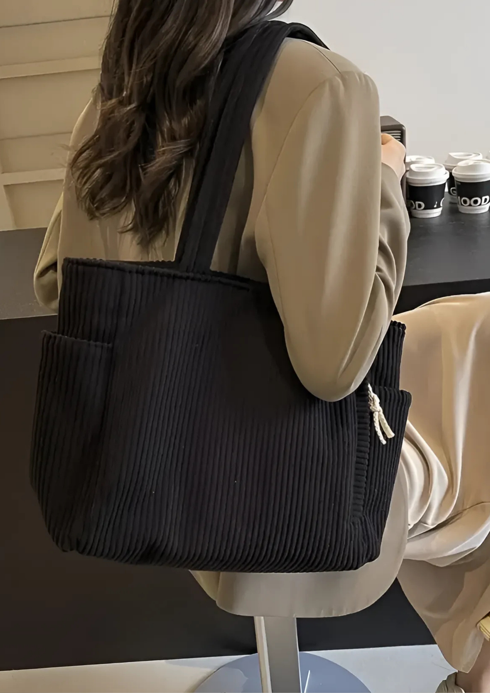 Elaria Ribbed Tote Bag with Drawstring Detail in Black