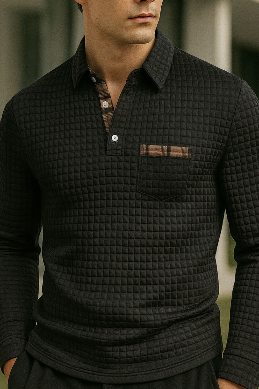 Joven Diamond-Pattern Knit Collared Polo Shirt Top