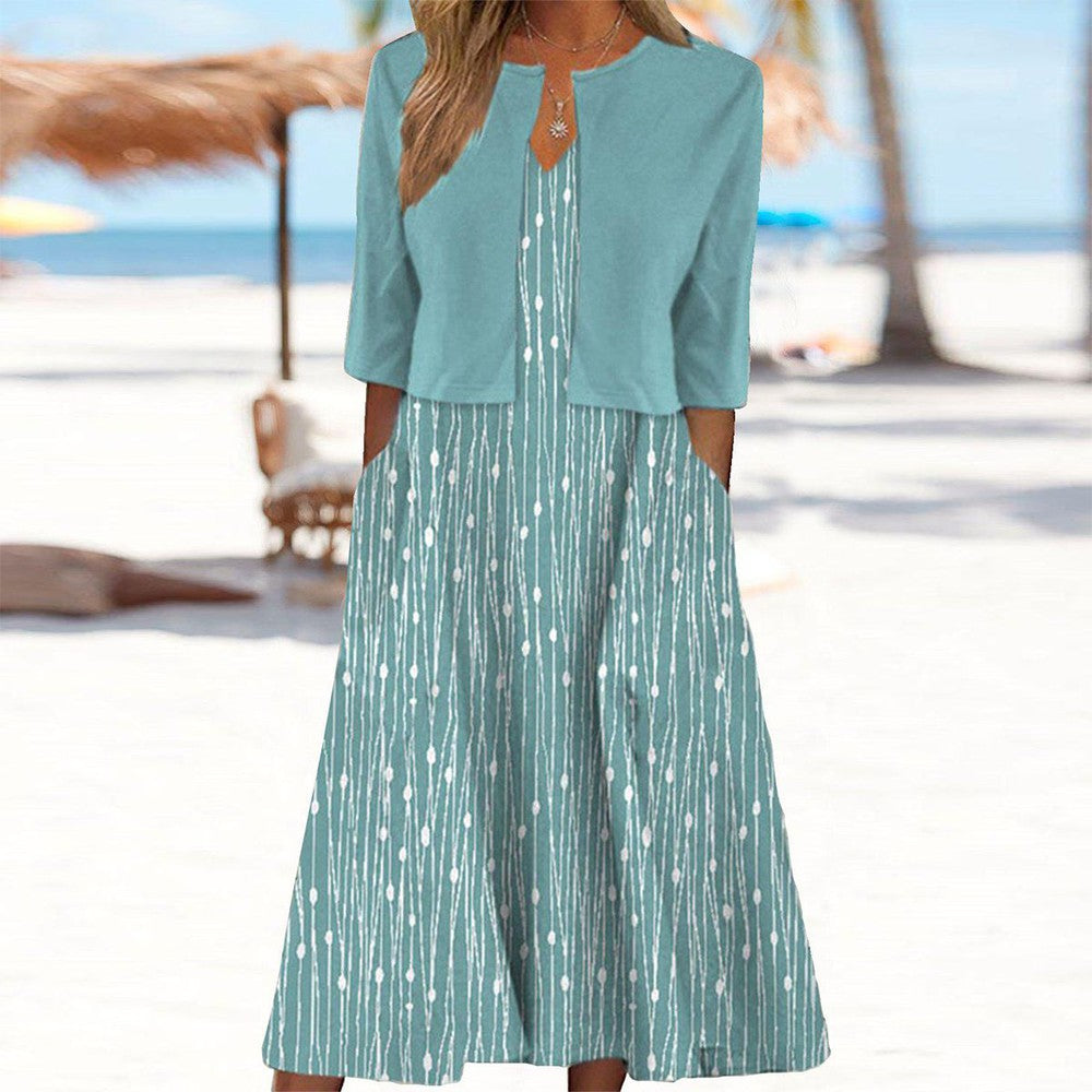 Blue Botanical Print Midi Dress and Jacket Set