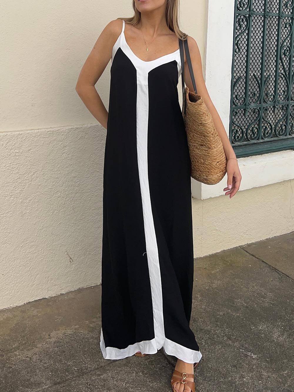 Colorblock Midi Dress with Adjustable Straps