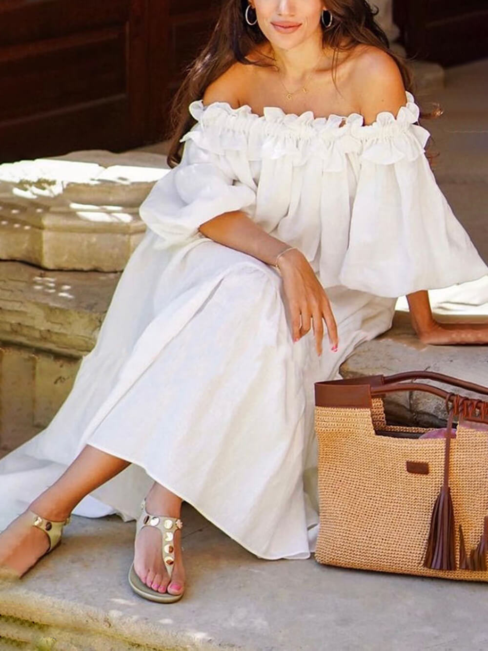 Off-Shoulder Ruffle Midi Dress with Puff Sleeves