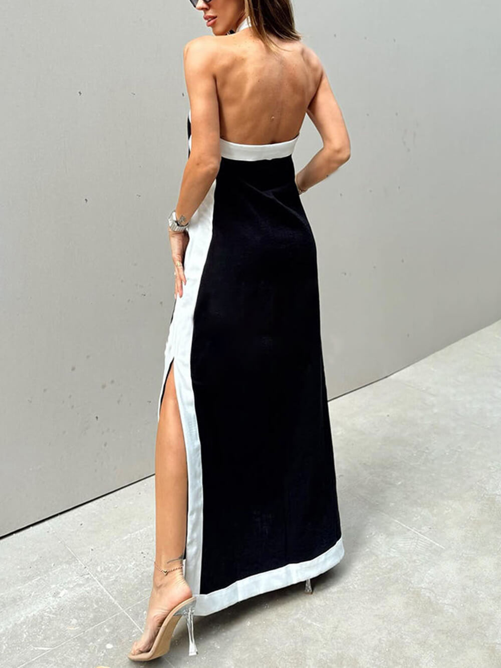 Halterneck Maxi Dress Slit Color Block Halter