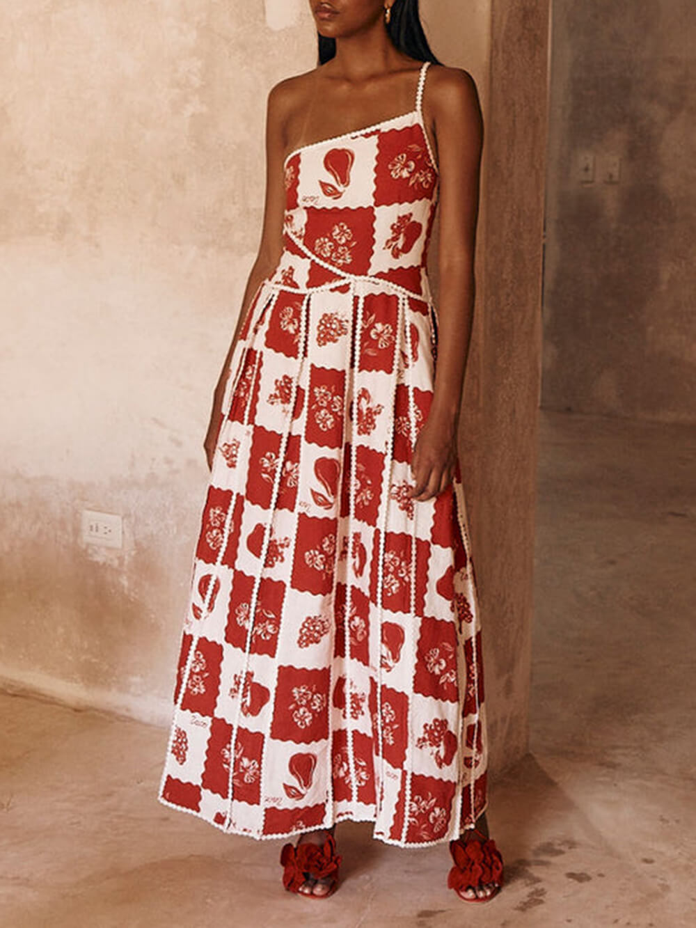 Unique Bedrucktes Maxi Dress Blumenbesatz Einseitigem Flared Schnitt