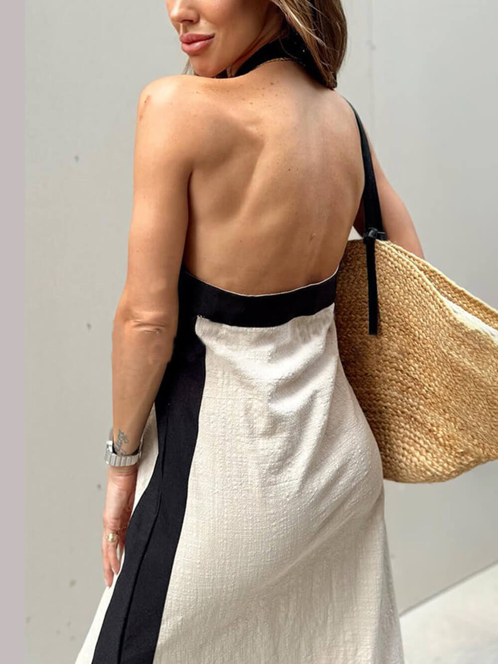 Halterneck Maxi Dress Slit Color Block Halter