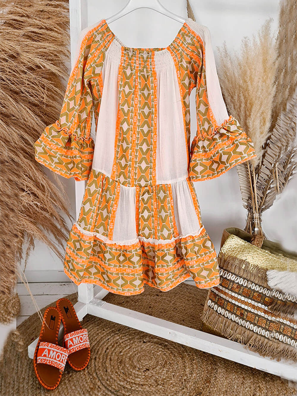 Off-Shoulder Ethnic Print Linen-Blend Mini Dress