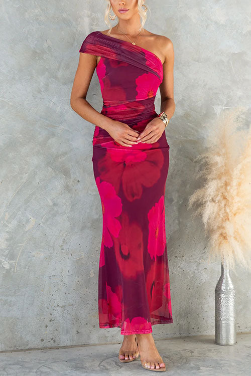 Schulterfreies Maxikleid with Blumenmuster aus Mesh im Bodycon-Stil