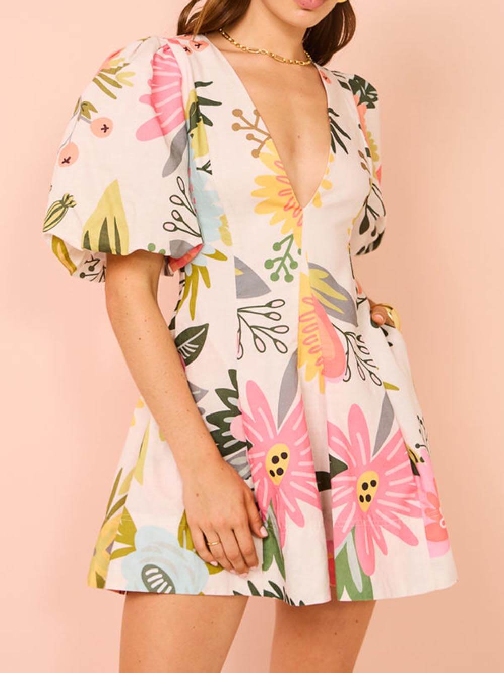 Floral Bubble-Sleeve Mini Dress with Pockets