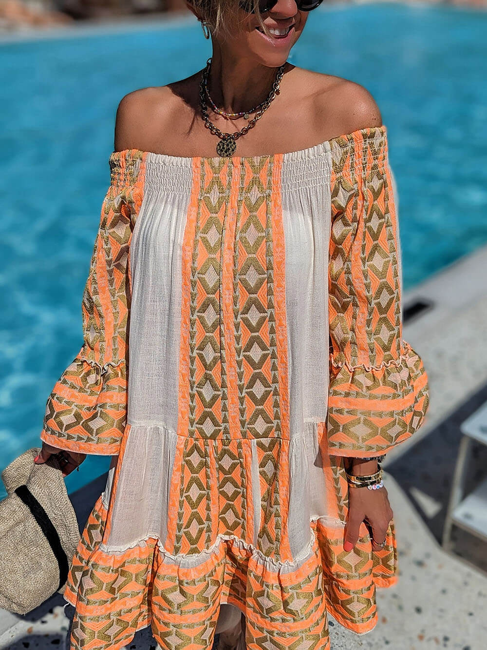 Off-Shoulder Ethnic Print Linen-Blend Mini Dress