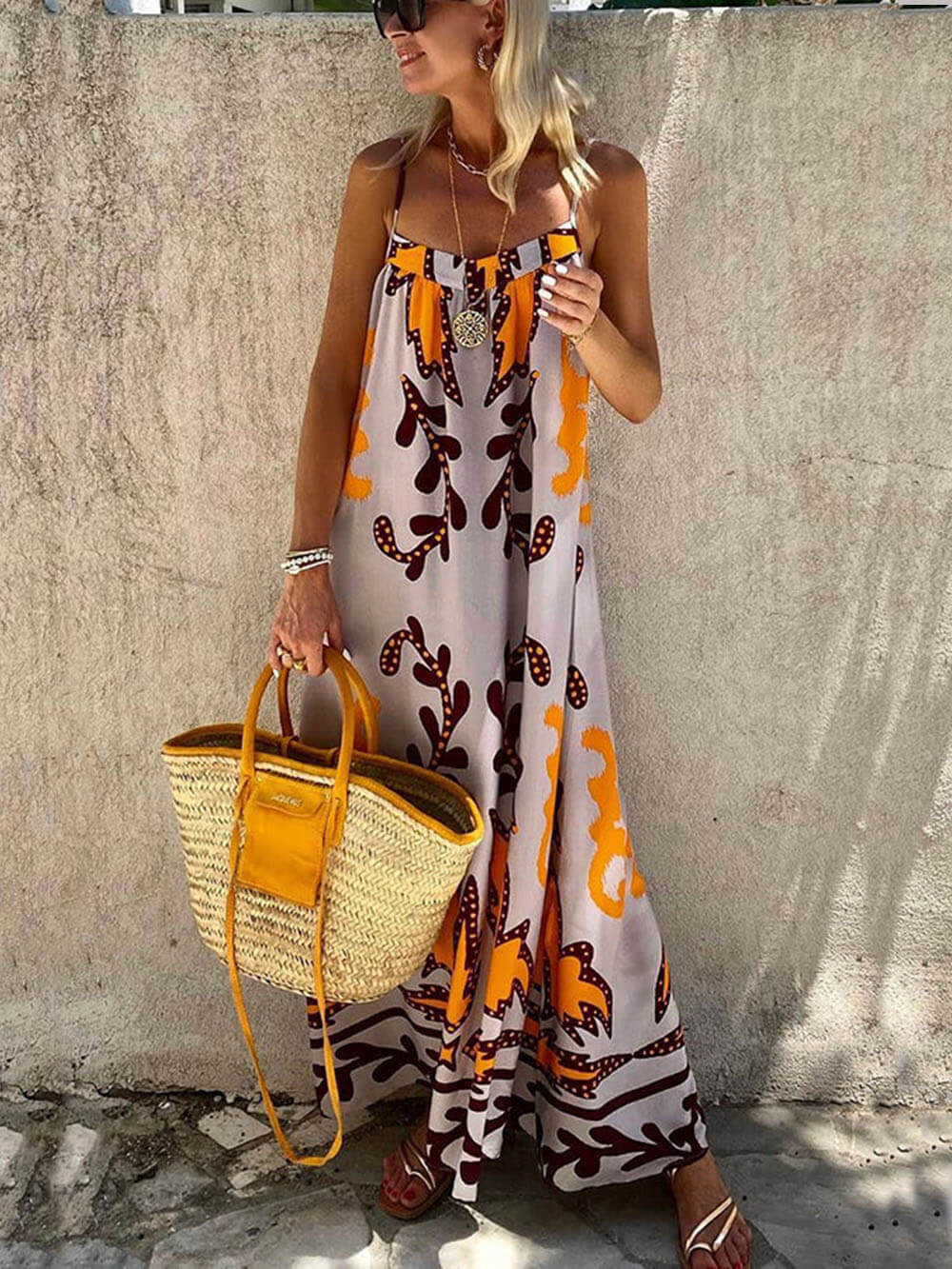 Locker sitzendes Ethno-Print strap Maxikleid Dress