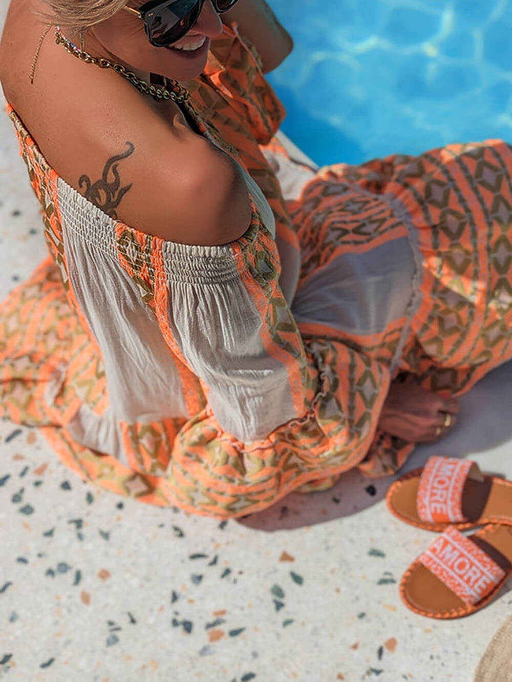 Off-Shoulder Ethnic Print Linen-Blend Mini Dress